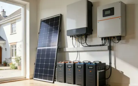 System fotowoltaiczny z panelem ustawionym w poziomie, trzema akumulatorami i dwoma falownikami.