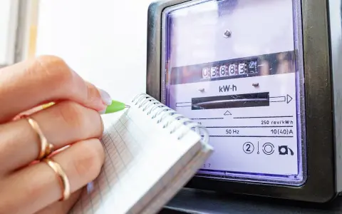 Dłoń z pierścionkami zapisuje odczyt licznika energii elektrycznej, by sprawdzić rachunek za prąd.