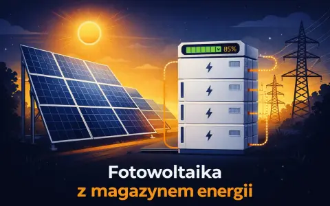Fotowoltaika z magazynem energii w Polsce. Panele słoneczne ładują baterie, które zasilają sieć energetyczną.