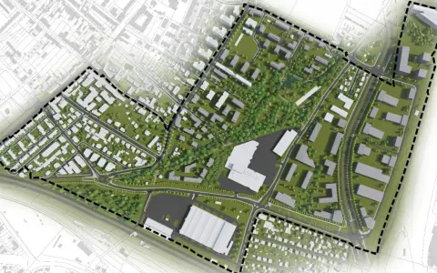 Wizualizacja urbanistyczna z zaznaczonym obszarem zabudowy i rozległym pasem zieleni, tworzącym serce projektu.