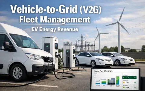 Elektryczne samochody i van podłączone do ładowarek, w tle wiatraki i linie energetyczne. To przyszłość telematyki w transporcie i zarządzania flotą EV.