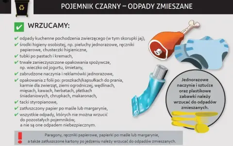 Czarny pojemnik na zmieszane odpady komunalne. Wrzucamy m.in. resztki jedzenia, zużyte pieluchy, opakowania po kosmetykach.