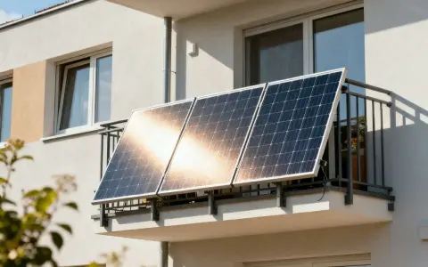Nowoczesna fotowoltaika na tarasie, zbierająca energię słoneczną. Panele zamontowane na balustradzie budynku mieszkalnego.