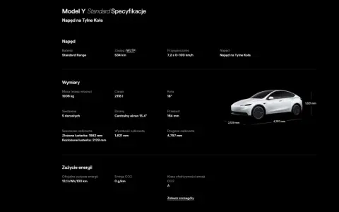 Tesla Model Y Standard: wymiary 4797 mm (długość), 2129 mm (szerokość z lusterkami), 1621 mm (wysokość).