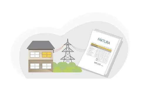 Dom podłączony do sieci energetycznej, obok wieża transmisyjna. Obok faktura za energię, symbolizująca korzyści ze spółdzielni energetycznych.