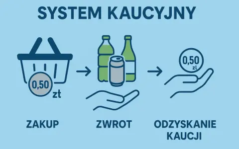 System kaucyjny: zakup z koszykiem i 0,50 zł, zwrot butelek i puszki, odzyskanie kaucji 0,50 zł.