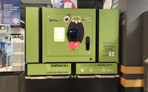 Zielony automat PETfur w sklepie Carrefour, gdzie oddać butelki bezzwrotne i puszki aluminiowe.