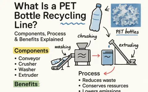Schemat linii do recyklingu butelek PET: butelki są kruszone, myte i ekstrudowane. Proces ten jest kluczowy dla produkcji butelek plastikowych.