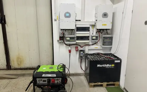 System fotowoltaika i magazyn energii: dwa inwertery, skrzynki elektryczne, akumulatory NorthBaH i zielony agregat prądotwórczy.