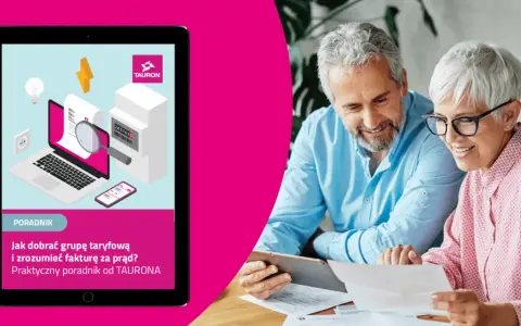 Para dowiedzieć się, jak czytać fakturę za prąd, skorzystaj z poradnika TAURONA. Ilustracja pokazuje tablet z poradnikiem i parę analizującą dokumenty.