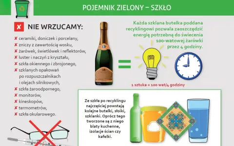 Recykling szkła: zielony pojemnik na butelki, słoiki, szklanki. Z butelki zrobisz żarówkę na 4h. Nie wrzucaj ceramiki, luster, żarówek.
