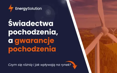 Wiatraki na tle zachodzącego słońca. Tekst: "Świadectwa pochodzenia, a gwarancje pochodzenia". Kluczowe dla rynku energii.