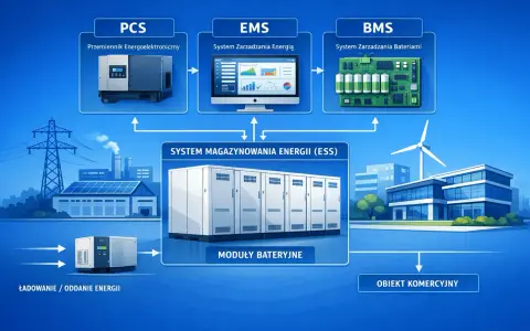 Schemat agregatora energii: PCS, EMS, BMS zarządzają systemem magazynowania energii (ESS) z modułami bateryjnymi, zasilając obiekt komercyjny.