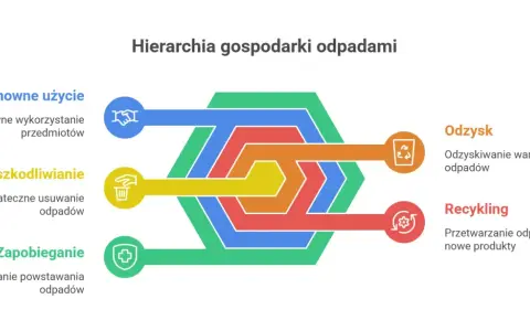 Hierarchia gospodarki odpadami: zapobieganie, ponowne użycie, unieszkodliwianie, odzysk i recykling. Recykling plastiku w Polsce to ważny element tej hierarchii.