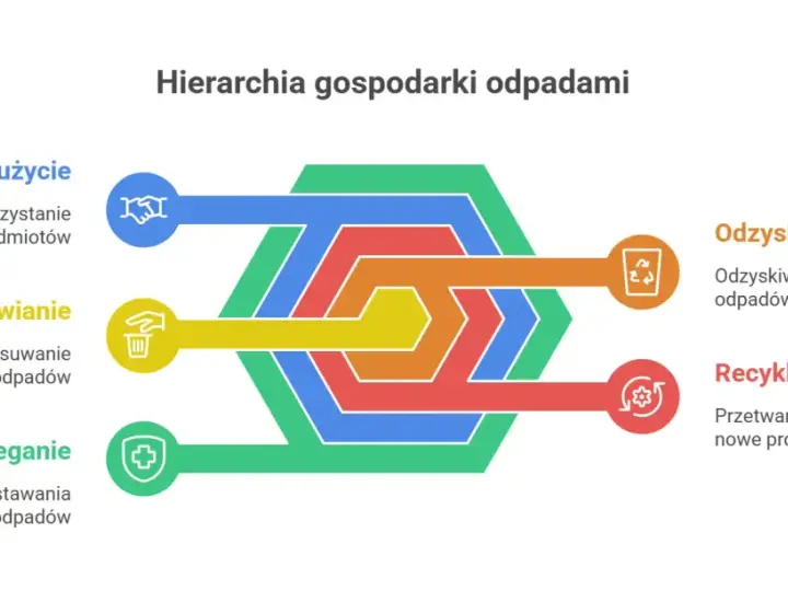 Hierarchia gospodarki odpadami: zapobieganie, ponowne użycie, unieszkodliwianie, odzysk i recykling. Recykling plastiku w Polsce to ważny element tej hierarchii.