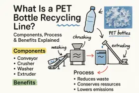 Schemat linii do recyklingu butelek PET: butelki są kruszone, myte i ekstrudowane. Proces ten jest kluczowy dla produkcji butelek plastikowych.