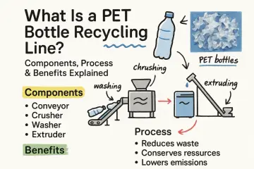 Schemat linii do recyklingu butelek PET: butelki są kruszone, myte i ekstrudowane. Proces ten jest kluczowy dla produkcji butelek plastikowych.