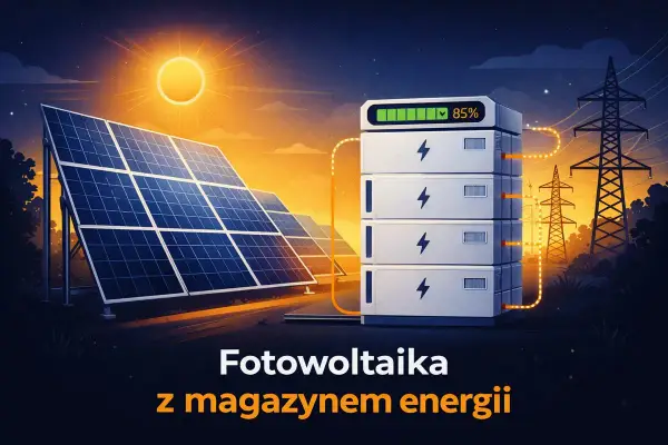 Fotowoltaika z magazynem energii w Polsce. Panele słoneczne ładują baterie, które zasilają sieć energetyczną.