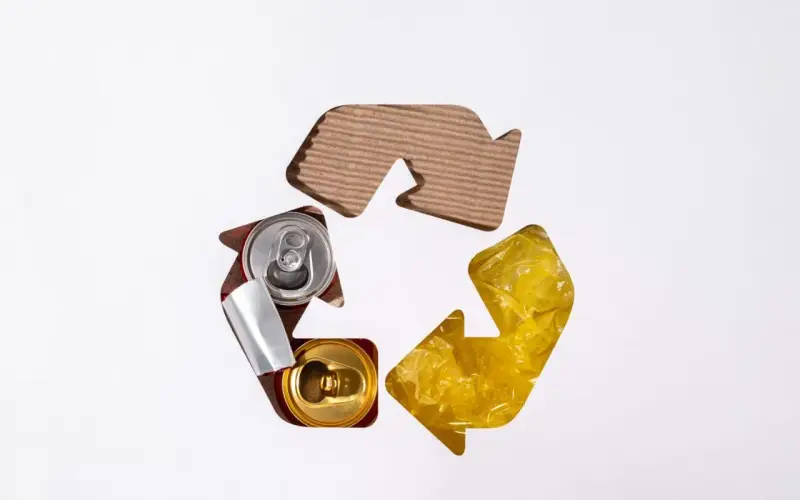 Symbol recyklingu z puszkami i folią. Uproszczona ewidencja odpadów w praktyce.
